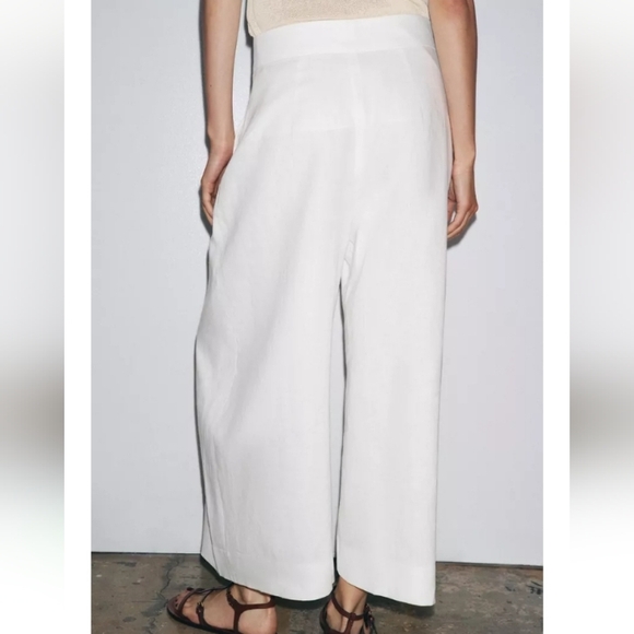 Zara Zw Collec 100% Linen High-rise Wide Leg Pleated Volume Cropped Pants - Picture 3 of 11